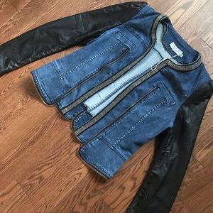 Luxury denim and faux leather jacket fits size M